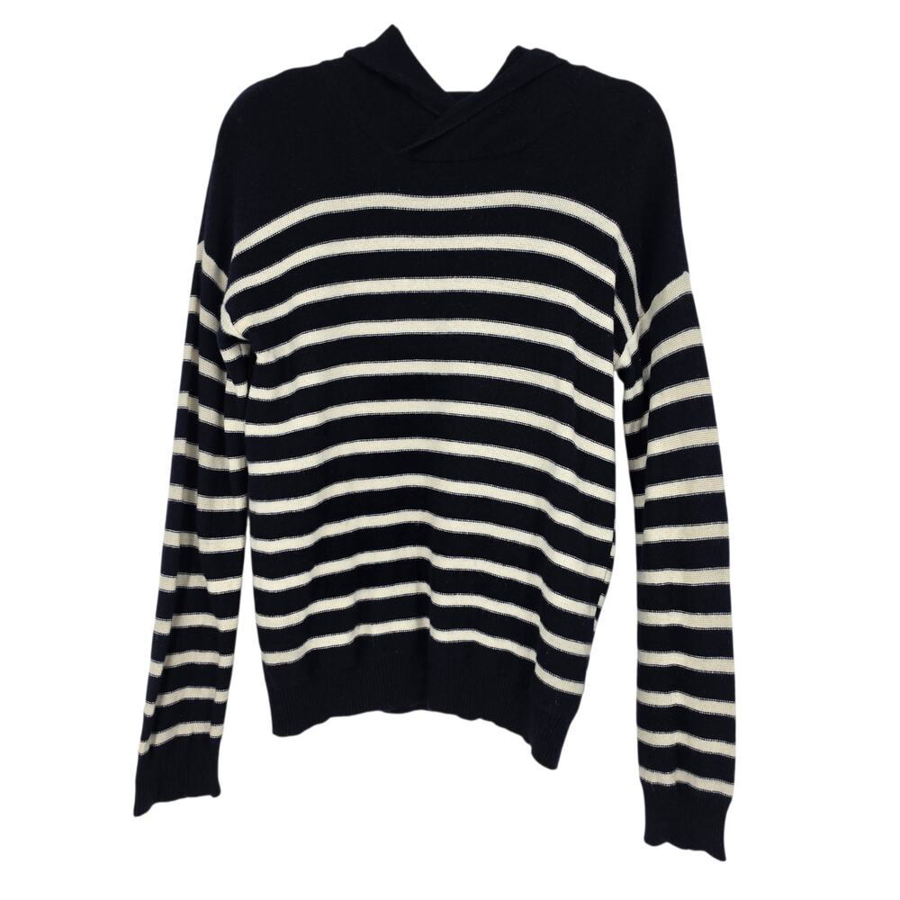 Vince Navy Blue & White Stripe Breton 100% Cashmere Knit Hoodie Sweater Size S